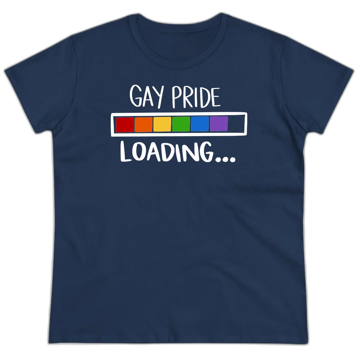 Pride loading bar design with text 'GAY PRIDE LOADING' and six-color rainbow progress indicator in Navy
