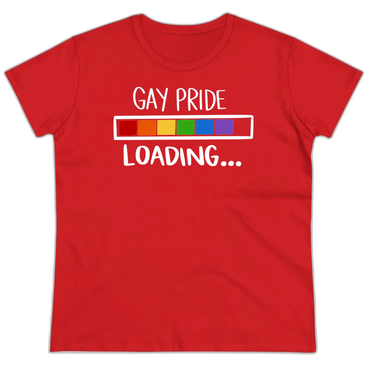 Pride loading bar design with text 'GAY PRIDE LOADING' and six-color rainbow progress indicator in Red