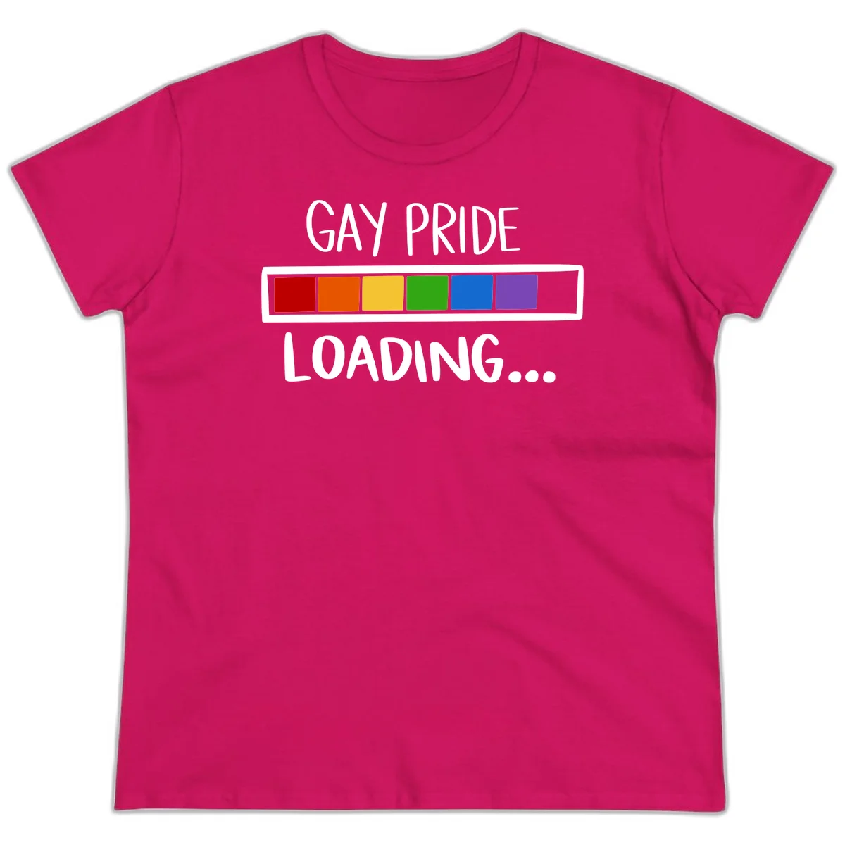 Pride loading bar design with text 'GAY PRIDE LOADING' and six-color rainbow progress indicator in Heliconia