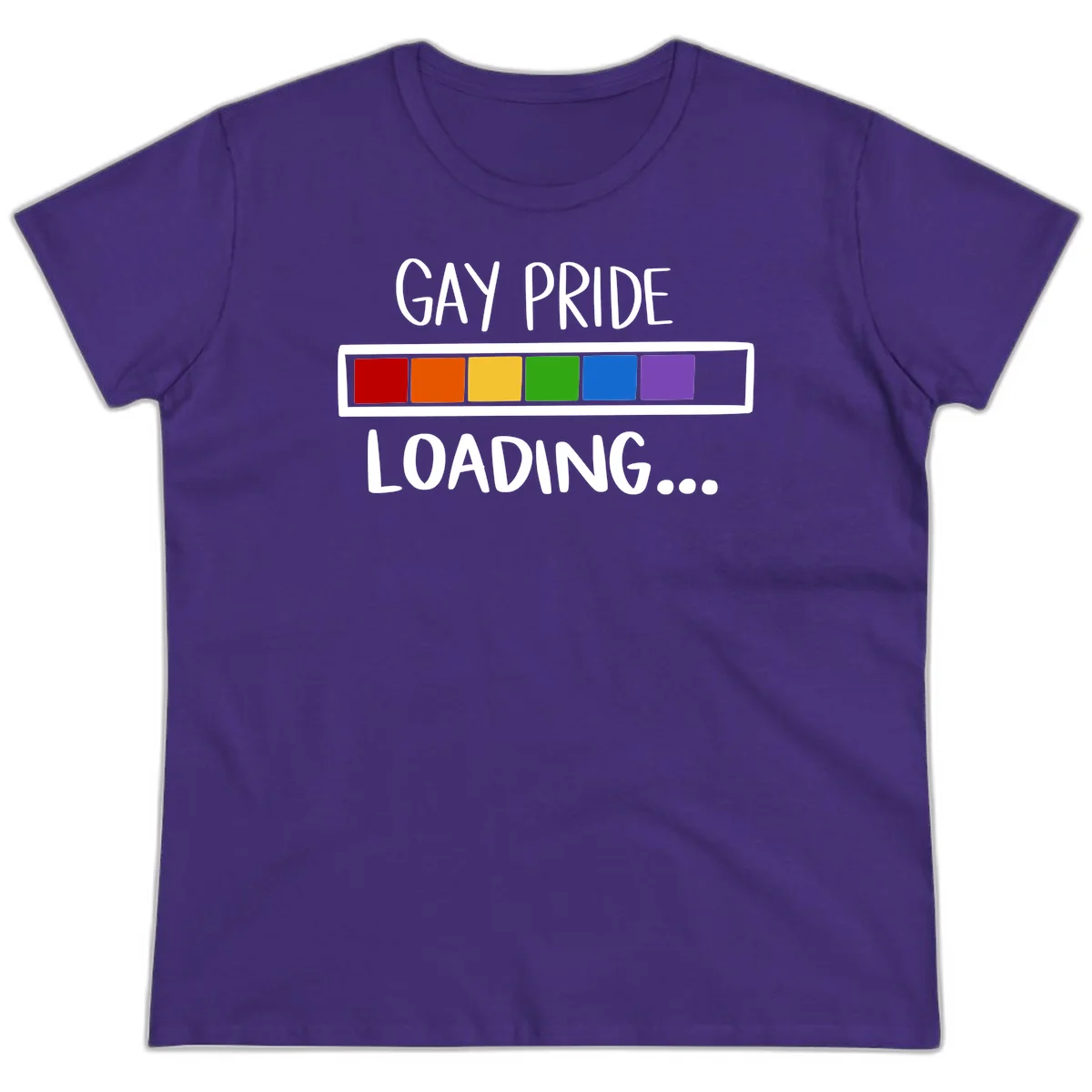 Pride loading bar design with text 'GAY PRIDE LOADING' and six-color rainbow progress indicator in Purple