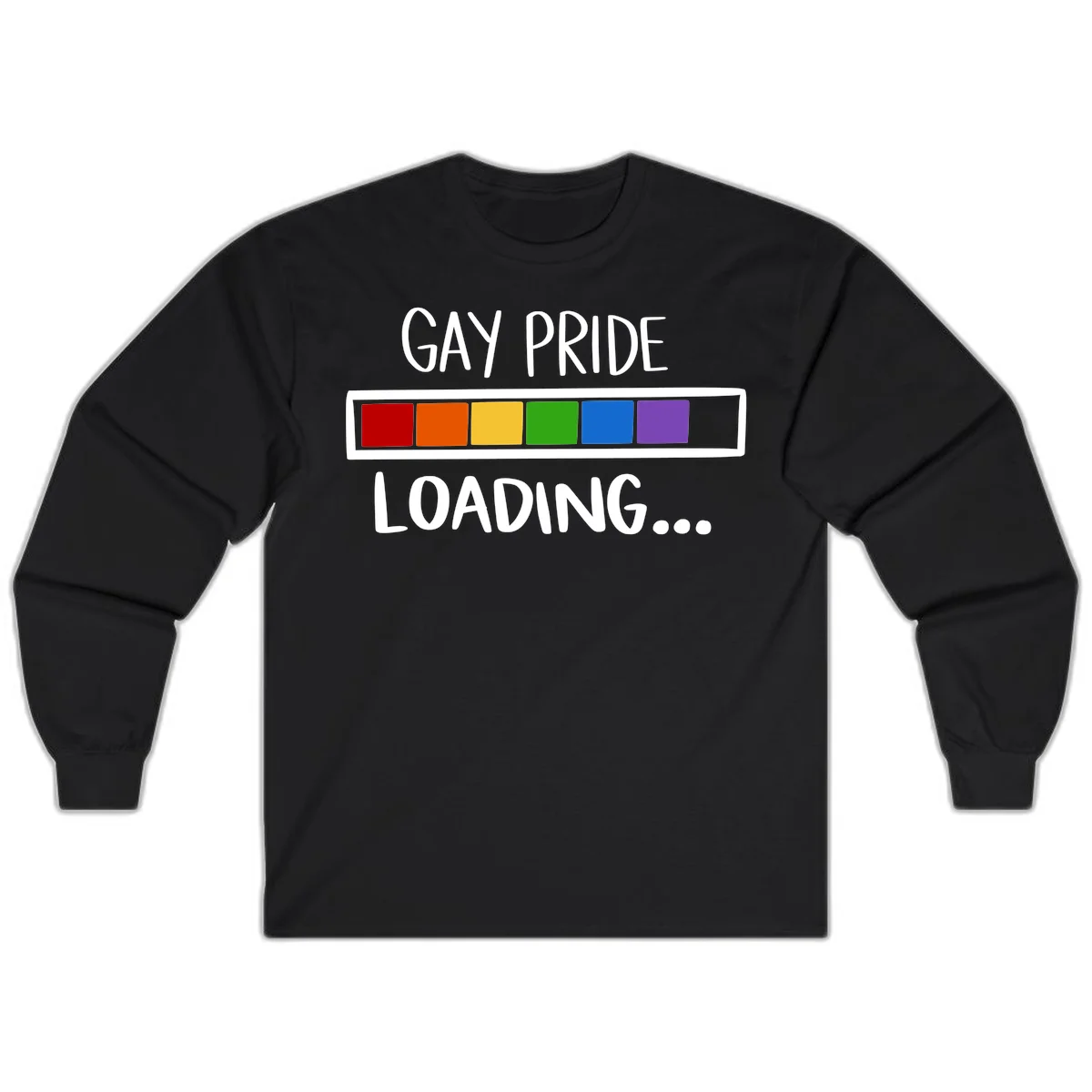 Pride loading bar design with text 'GAY PRIDE LOADING' and six-color rainbow progress indicator in Black