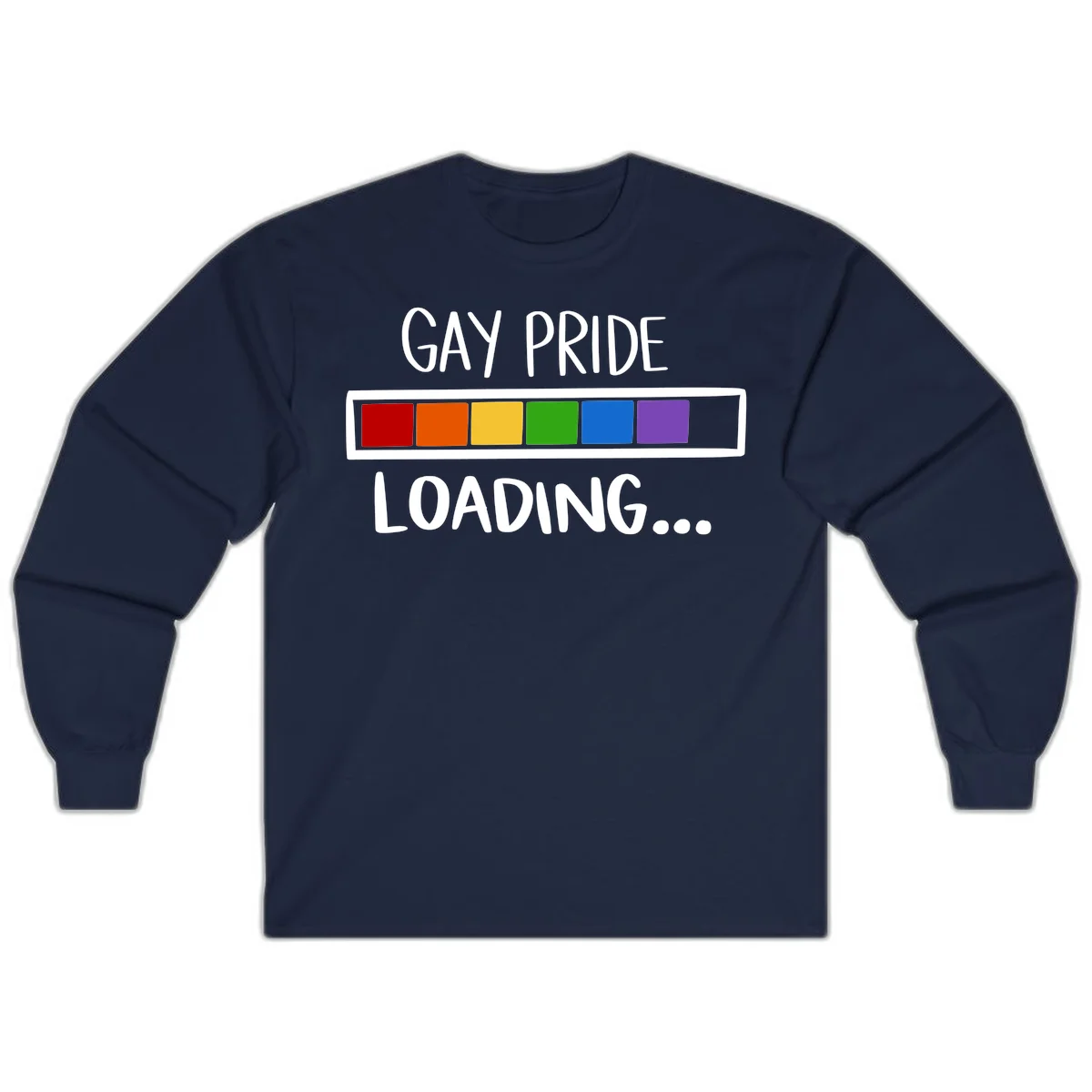 Pride loading bar design with text 'GAY PRIDE LOADING' and six-color rainbow progress indicator in Navy