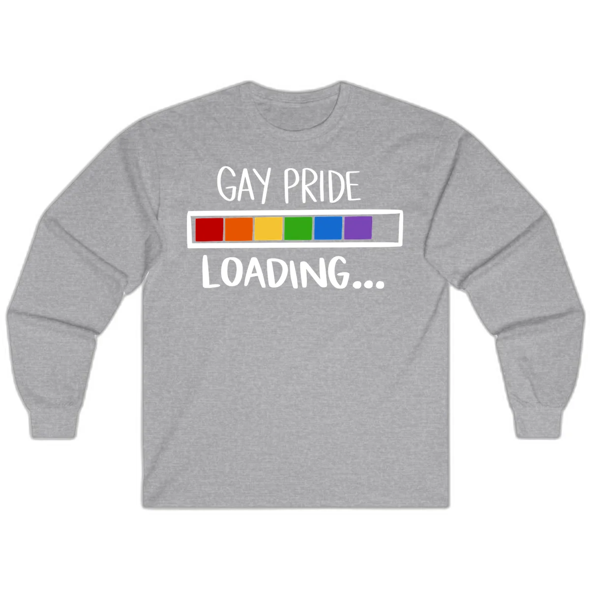 Pride loading bar design with text 'GAY PRIDE LOADING' and six-color rainbow progress indicator in Sport Grey