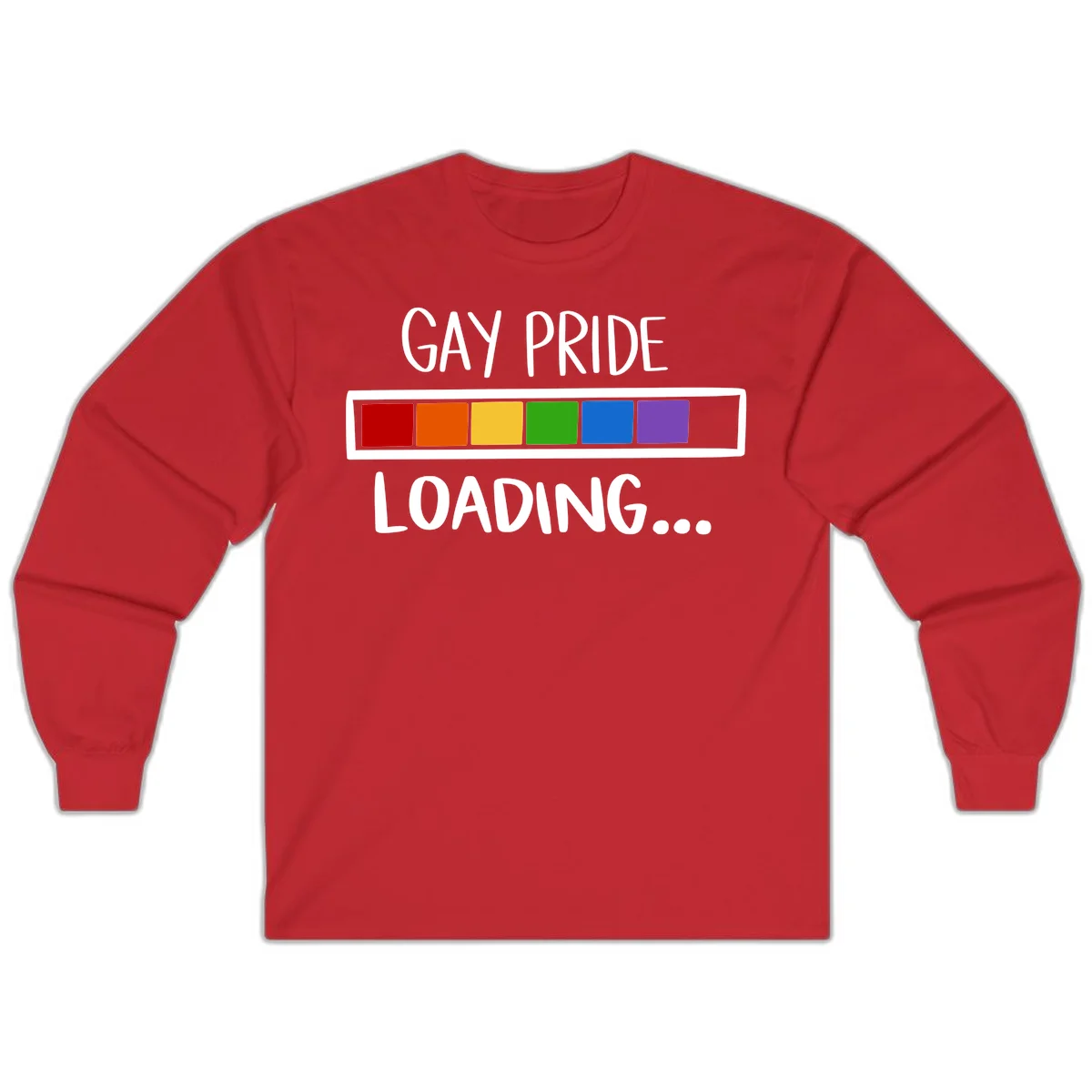 Pride loading bar design with text 'GAY PRIDE LOADING' and six-color rainbow progress indicator in Red