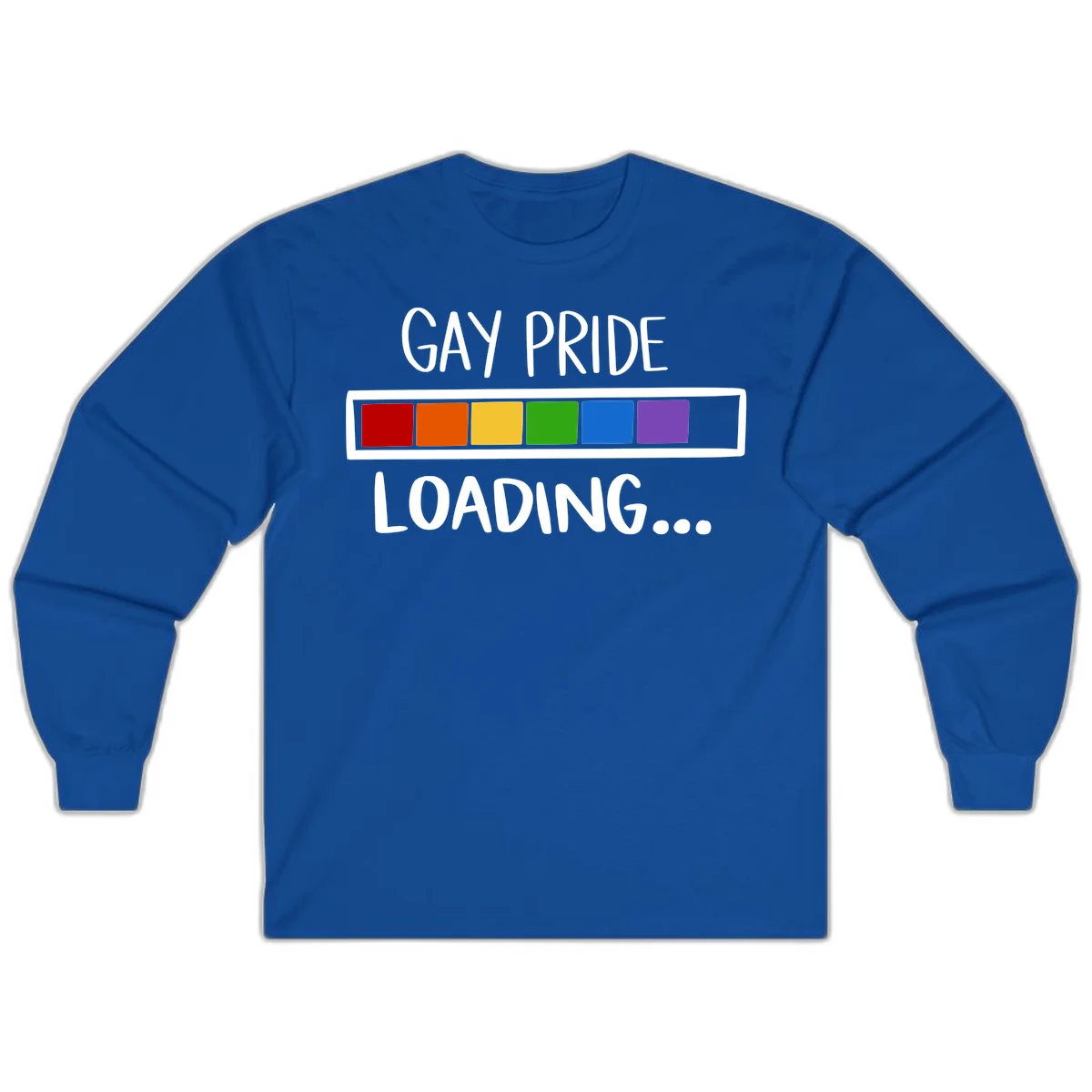 Pride loading bar design with text 'GAY PRIDE LOADING' and six-color rainbow progress indicator in Royal