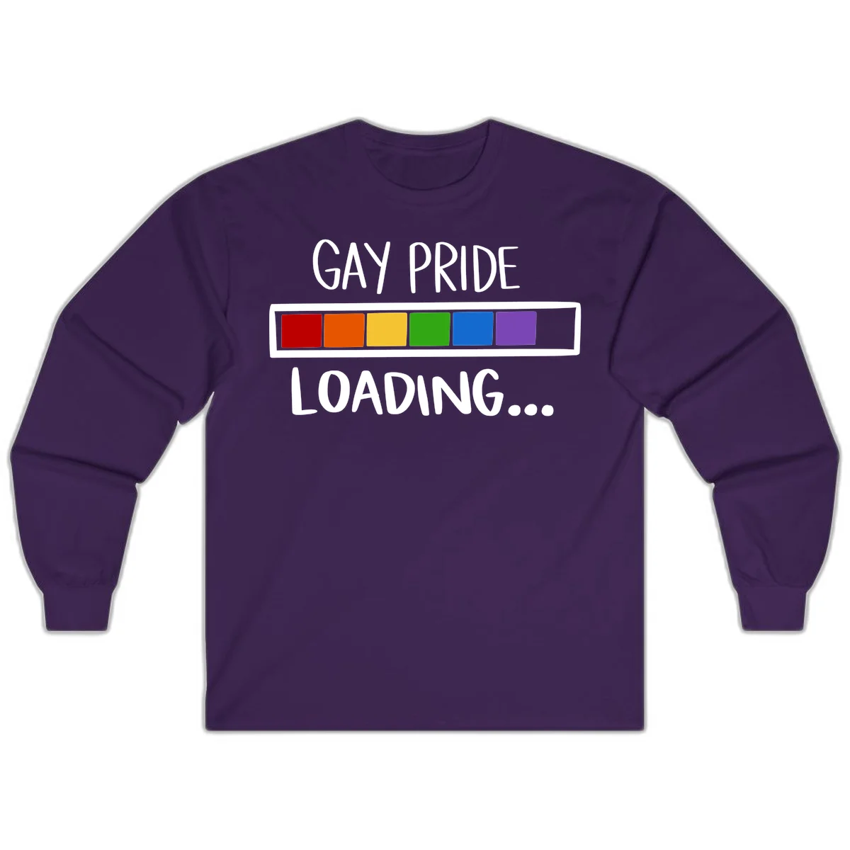 Pride loading bar design with text 'GAY PRIDE LOADING' and six-color rainbow progress indicator in Purple
