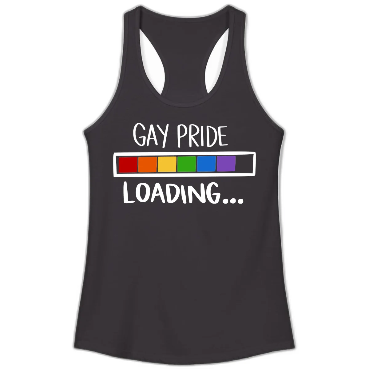 Pride loading bar design with text 'GAY PRIDE LOADING' and six-color rainbow progress indicator in Black