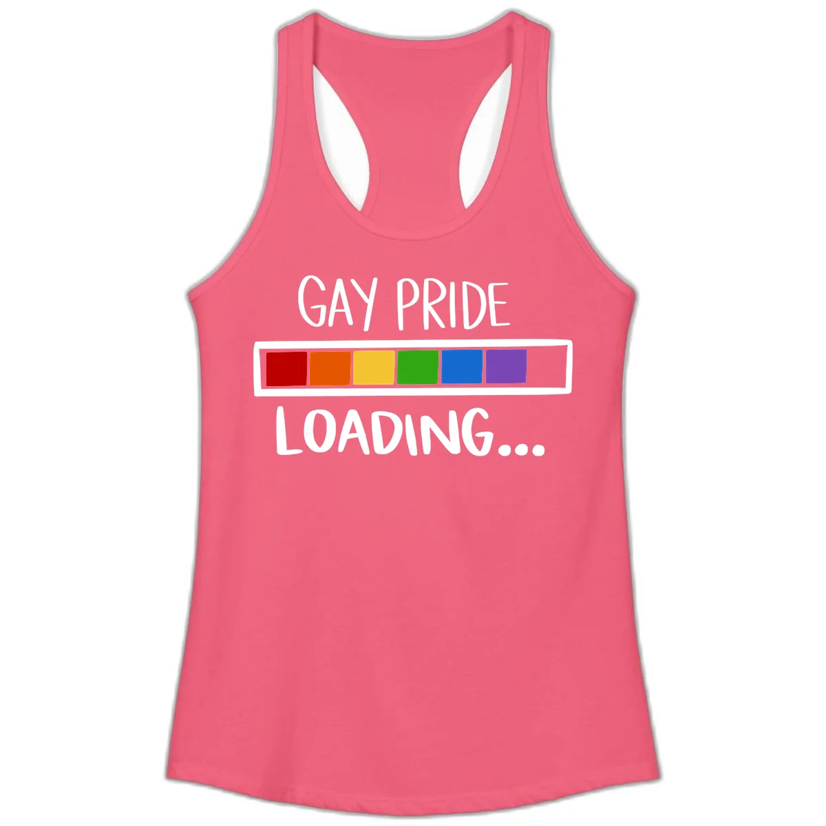Pride loading bar design with text 'GAY PRIDE LOADING' and six-color rainbow progress indicator in Hot Pink