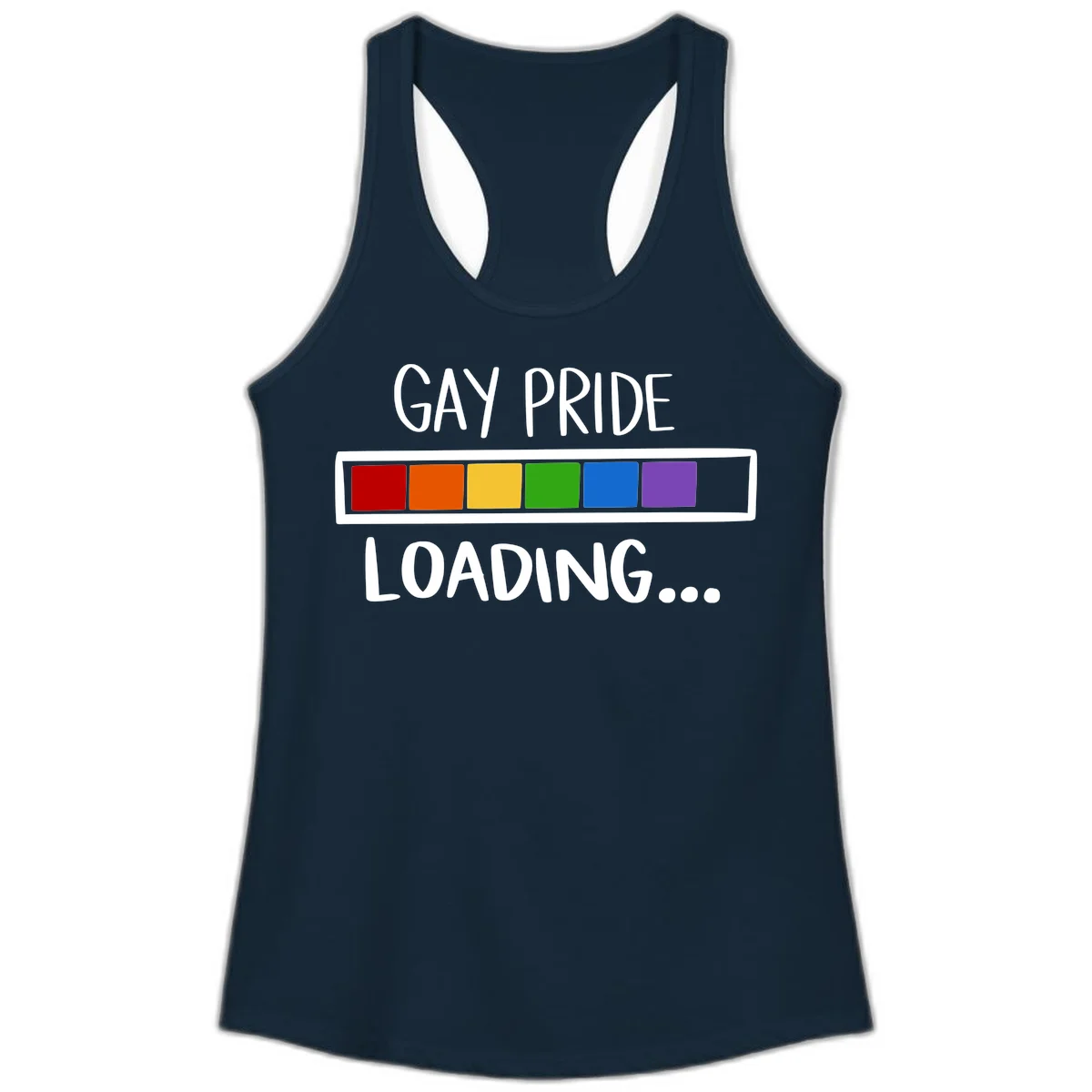 Pride loading bar design with text 'GAY PRIDE LOADING' and six-color rainbow progress indicator in Solid Midnight Navy