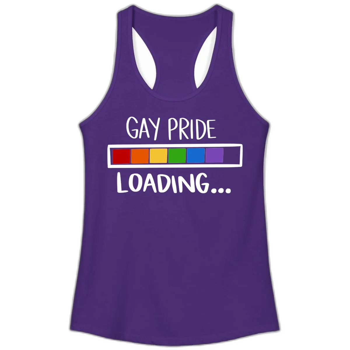 Pride loading bar design with text 'GAY PRIDE LOADING' and six-color rainbow progress indicator in Solid Purple Rush