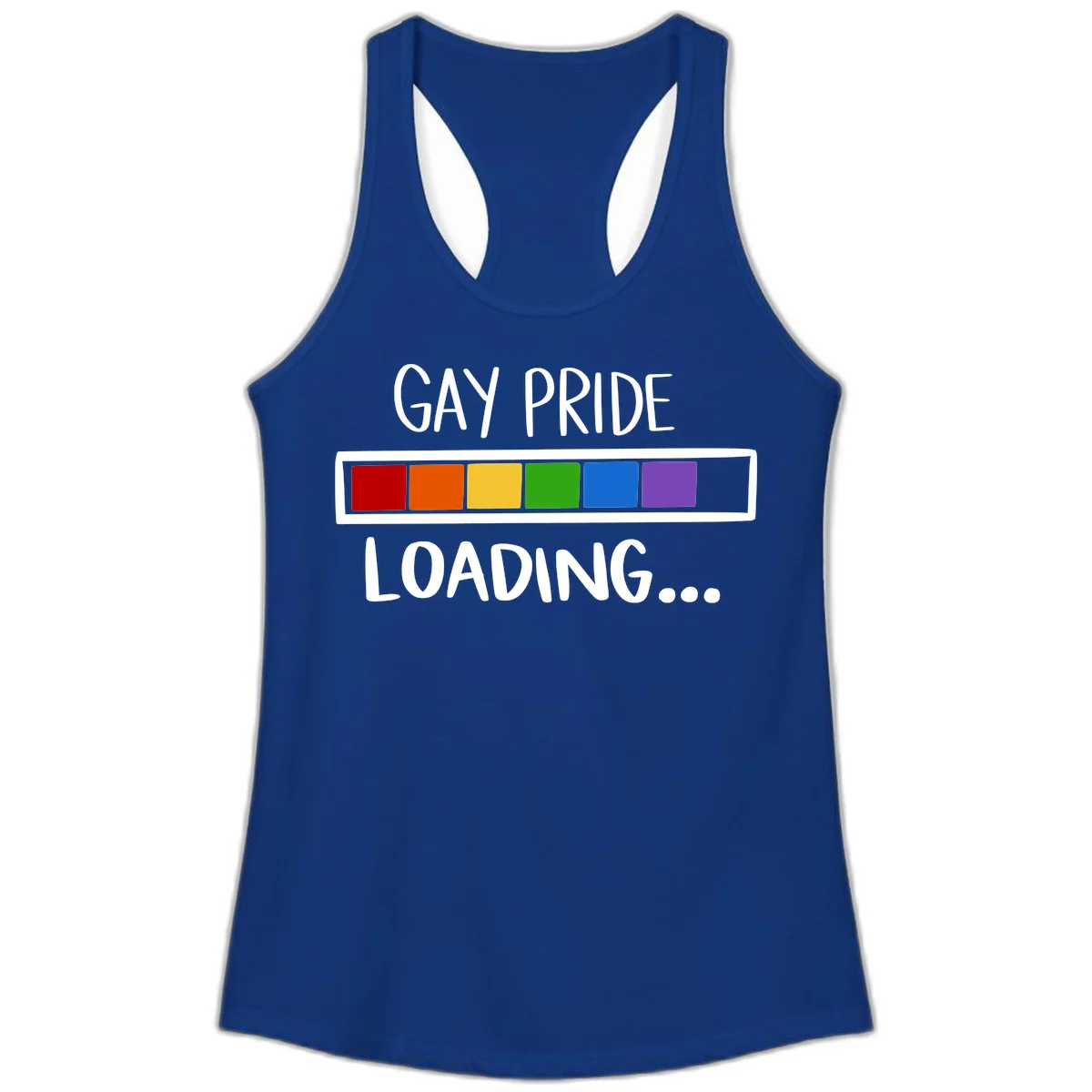Pride loading bar design with text 'GAY PRIDE LOADING' and six-color rainbow progress indicator in Solid Royal