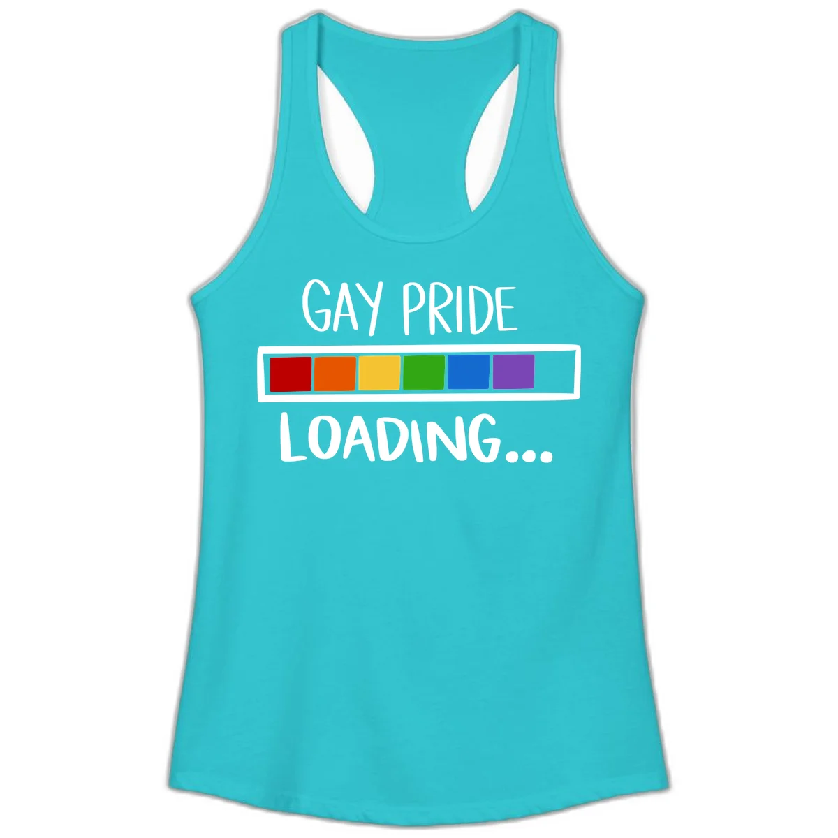 Pride loading bar design with text 'GAY PRIDE LOADING' and six-color rainbow progress indicator in Solid Tahiti Blue