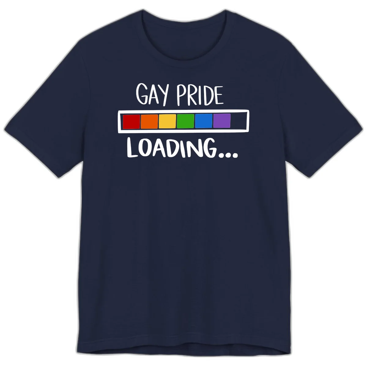 Pride loading bar design with text 'GAY PRIDE LOADING' and six-color rainbow progress indicator in Navy