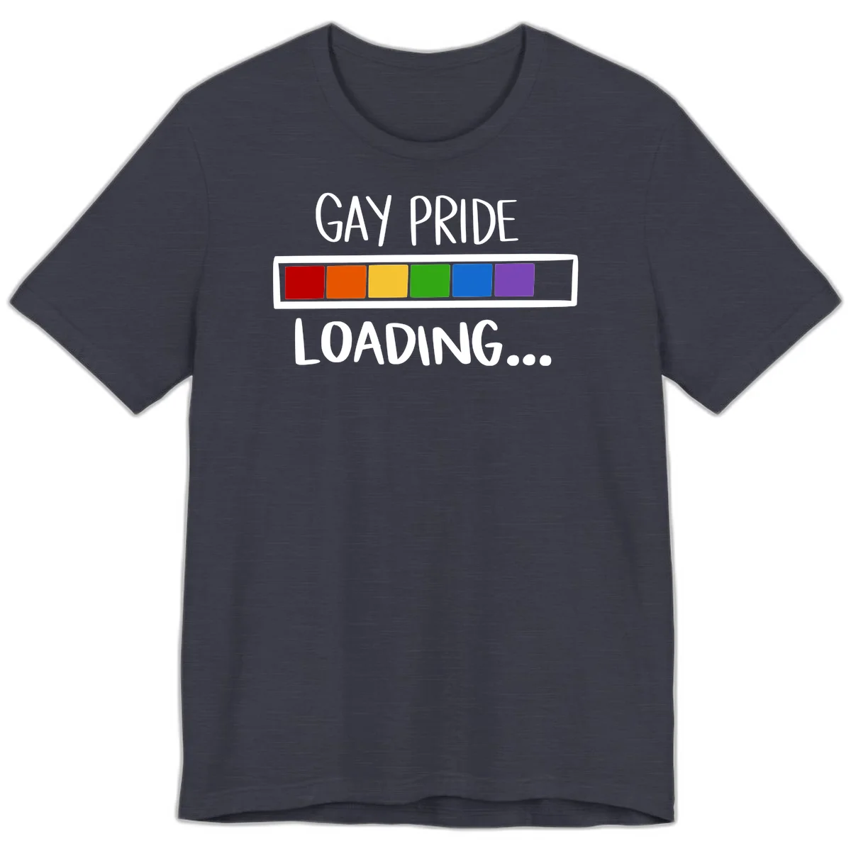 Pride loading bar design with text 'GAY PRIDE LOADING' and six-color rainbow progress indicator in Heather Midnight Navy