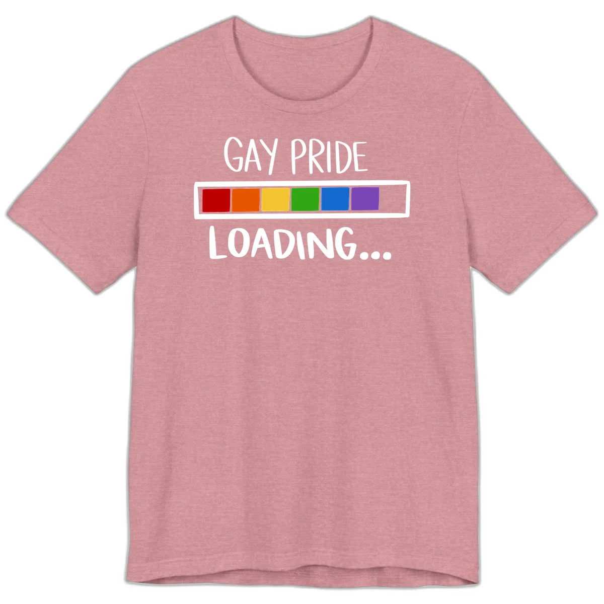 Pride loading bar design with text 'GAY PRIDE LOADING' and six-color rainbow progress indicator in Heather Orchid