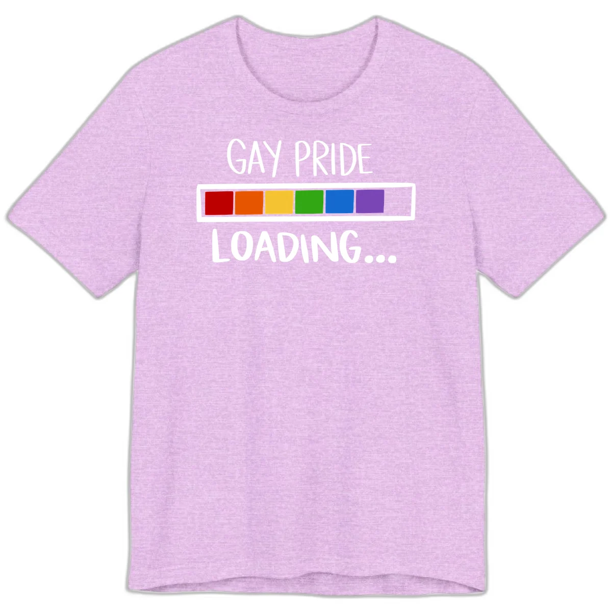 Pride loading bar design with text 'GAY PRIDE LOADING' and six-color rainbow progress indicator in Heather Prism Lilac