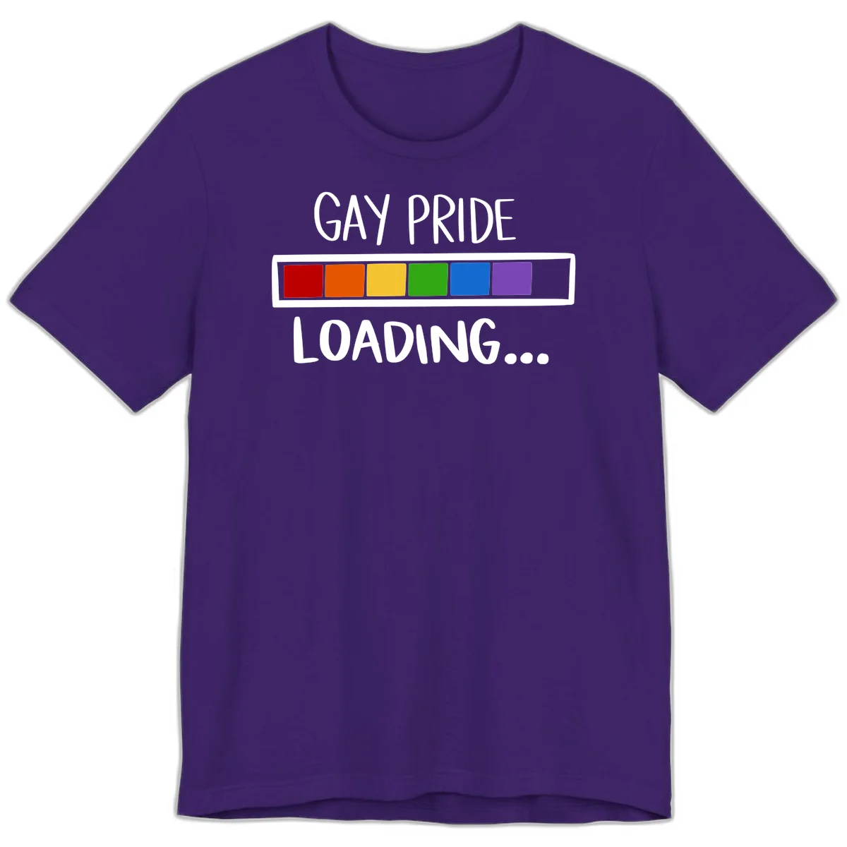 Pride loading bar design with text 'GAY PRIDE LOADING' and six-color rainbow progress indicator in Team Purple