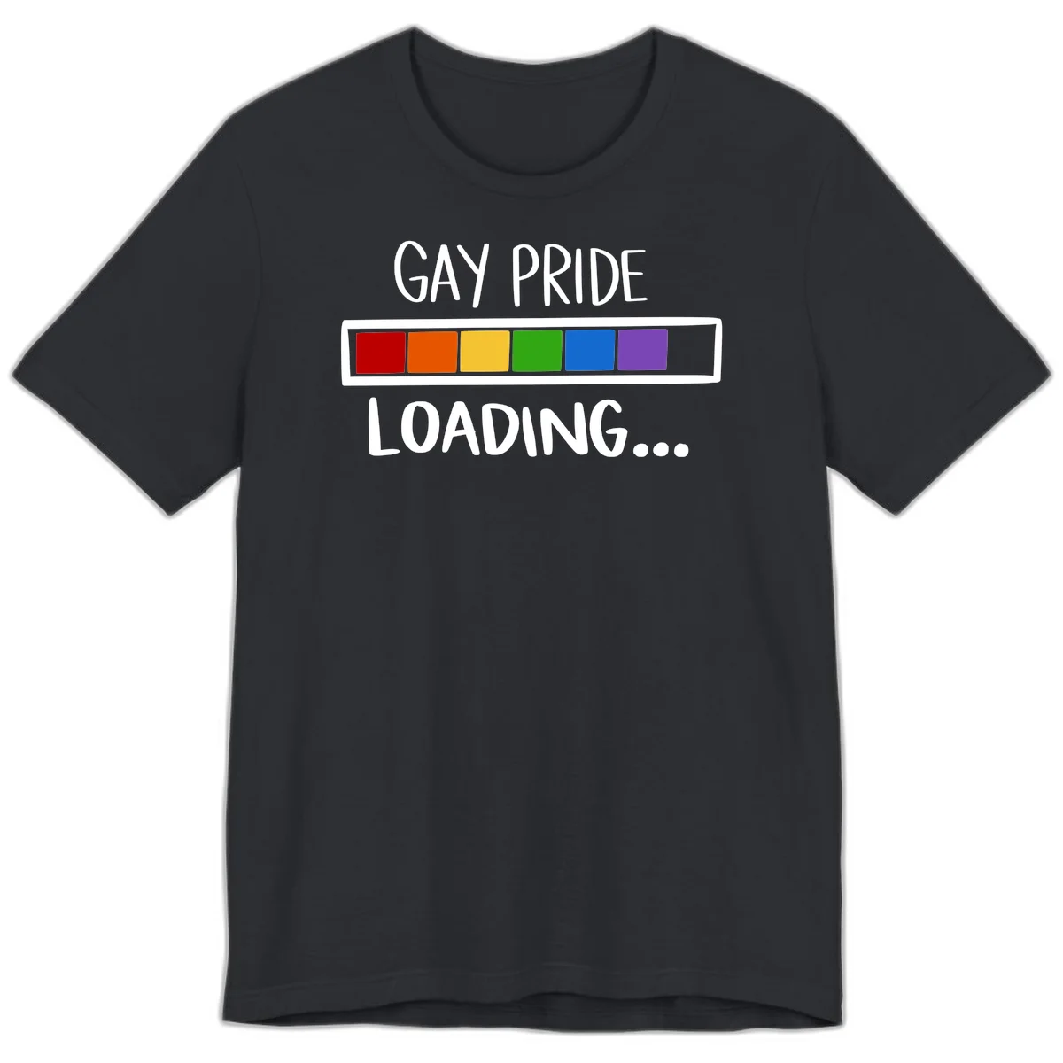 Pride loading bar design with text 'GAY PRIDE LOADING' and six-color rainbow progress indicator in Vintage Black