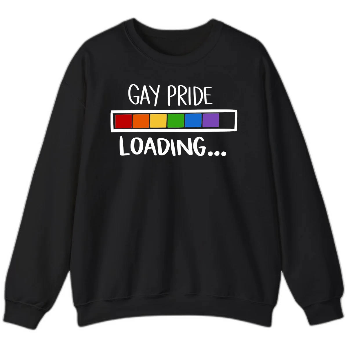 Pride loading bar design with text 'GAY PRIDE LOADING' and six-color rainbow progress indicator in Black