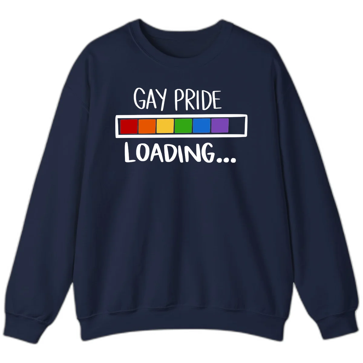 Pride loading bar design with text 'GAY PRIDE LOADING' and six-color rainbow progress indicator in Navy