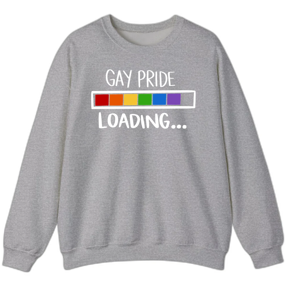 Pride loading bar design with text 'GAY PRIDE LOADING' and six-color rainbow progress indicator in Sport Grey