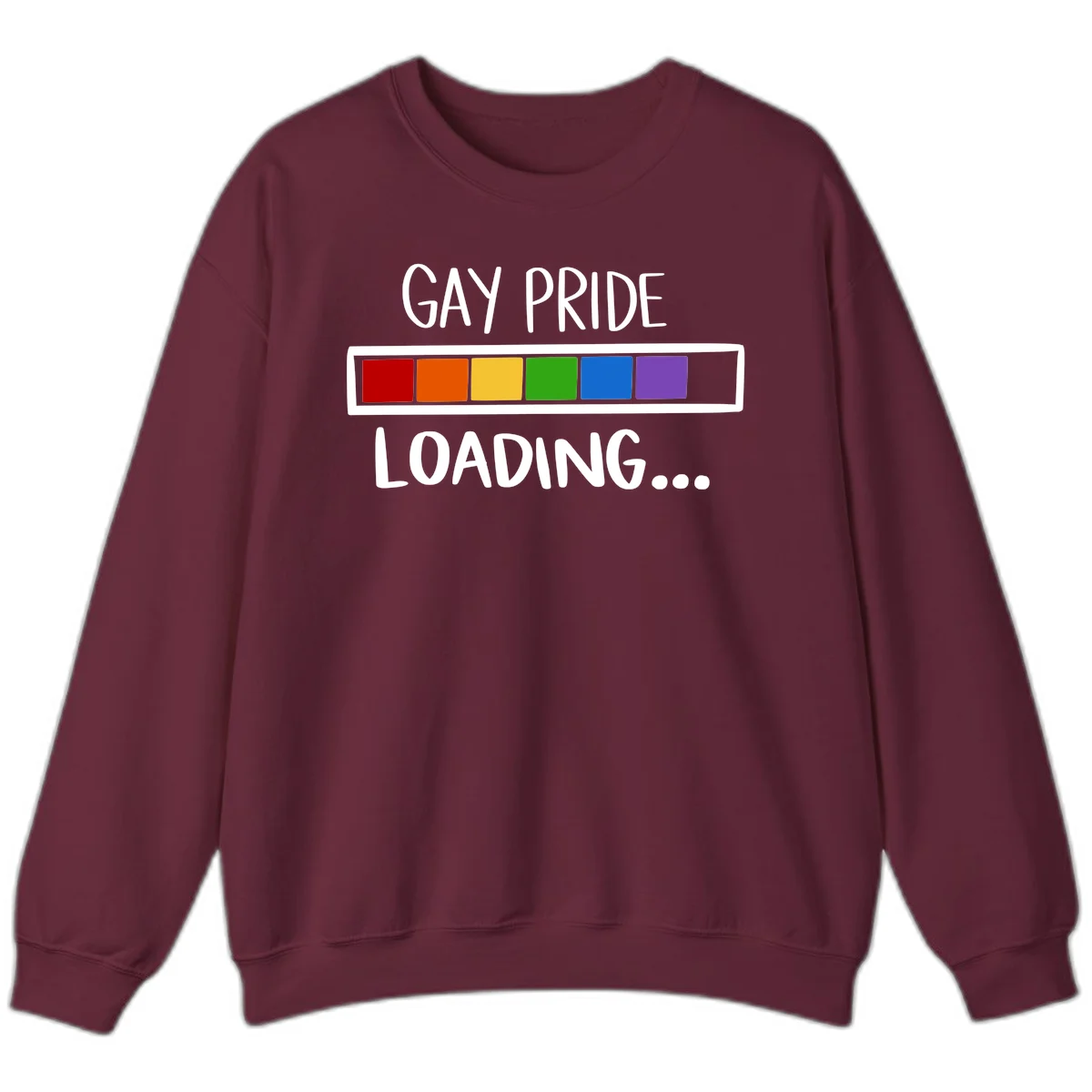 Pride loading bar design with text 'GAY PRIDE LOADING' and six-color rainbow progress indicator in Maroon