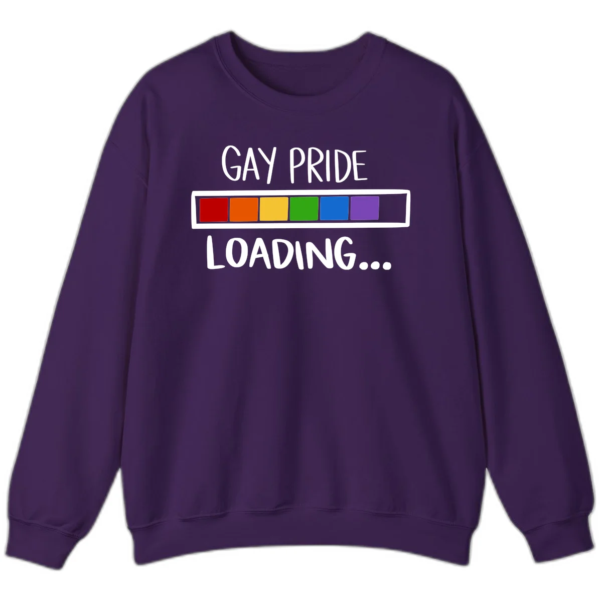 Pride loading bar design with text 'GAY PRIDE LOADING' and six-color rainbow progress indicator in Purple