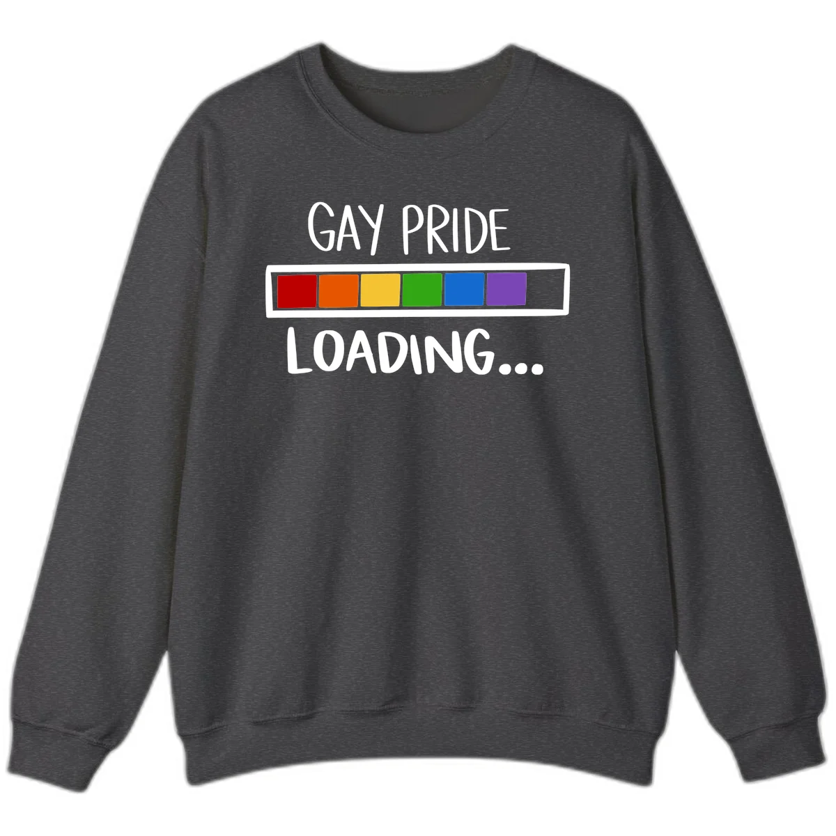 Pride loading bar design with text 'GAY PRIDE LOADING' and six-color rainbow progress indicator in Dark Heather