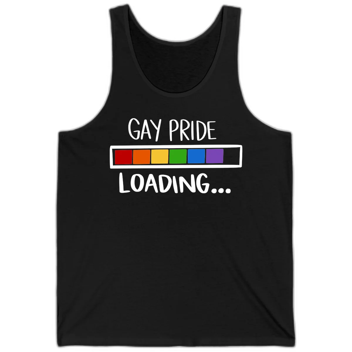 Pride loading bar design with text 'GAY PRIDE LOADING' and six-color rainbow progress indicator in Black