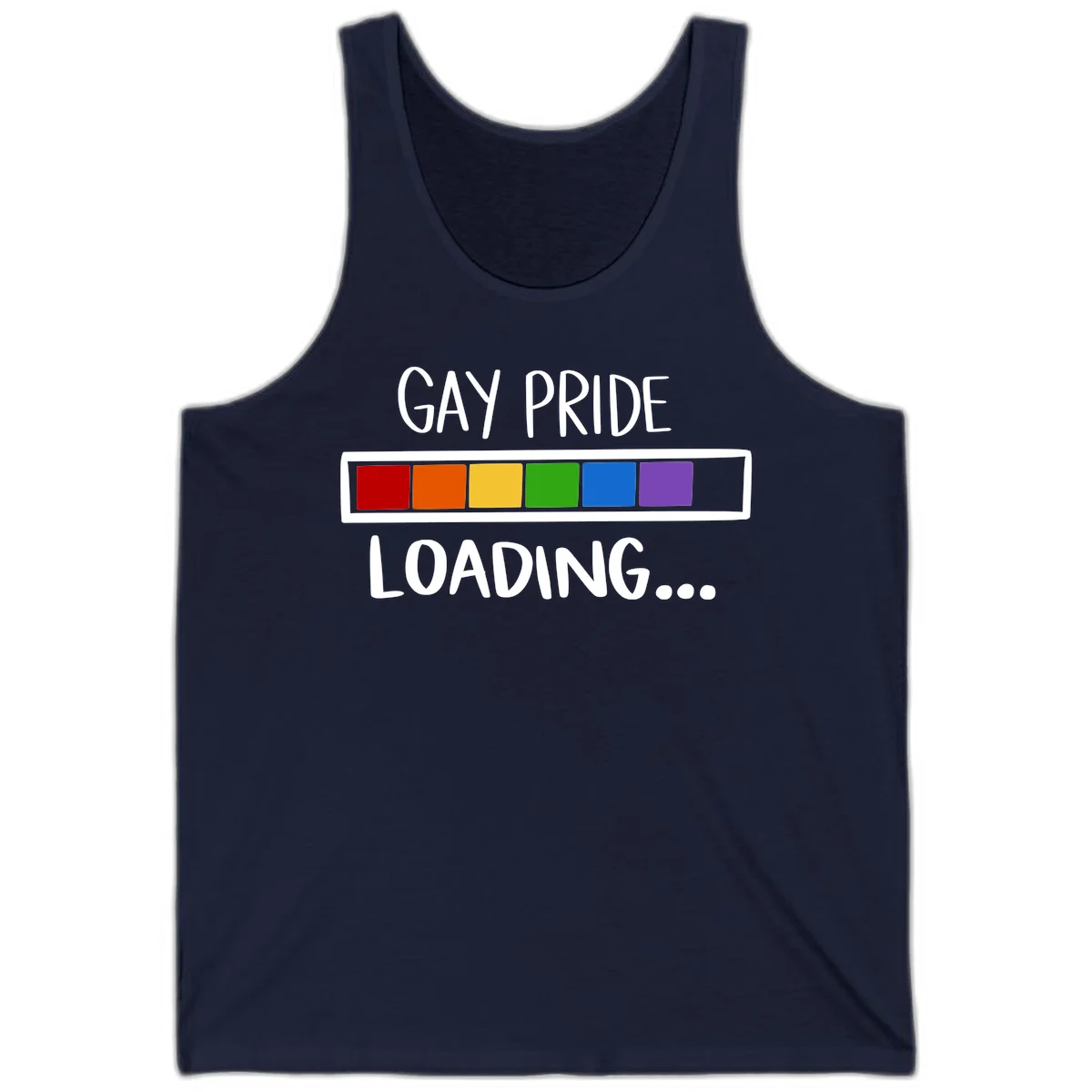 Pride loading bar design with text 'GAY PRIDE LOADING' and six-color rainbow progress indicator in Navy