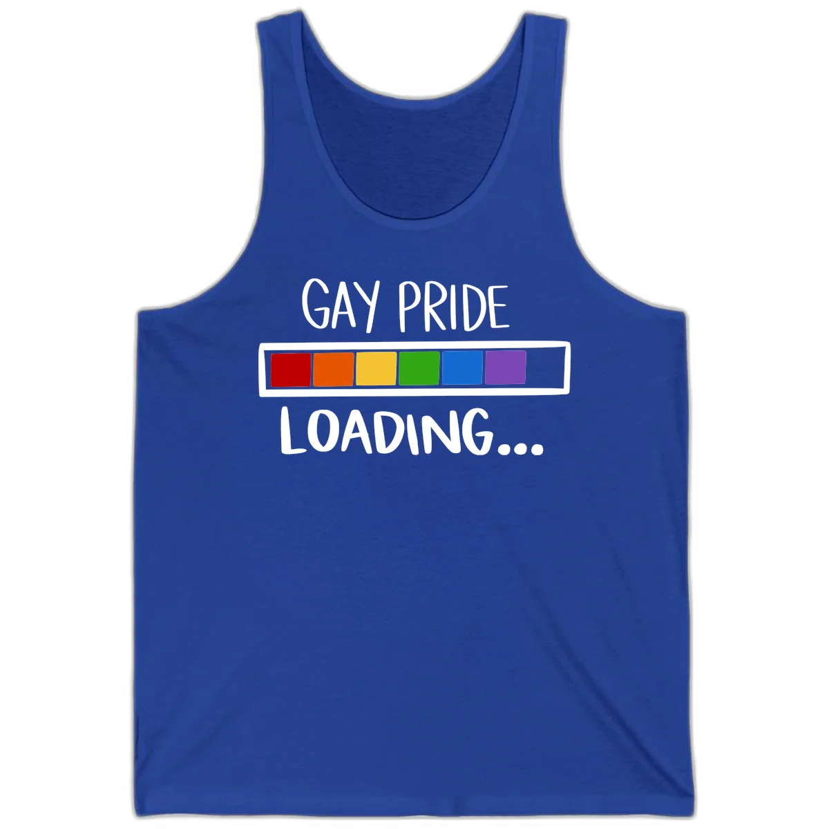 Pride loading bar design with text 'GAY PRIDE LOADING' and six-color rainbow progress indicator in True Royal