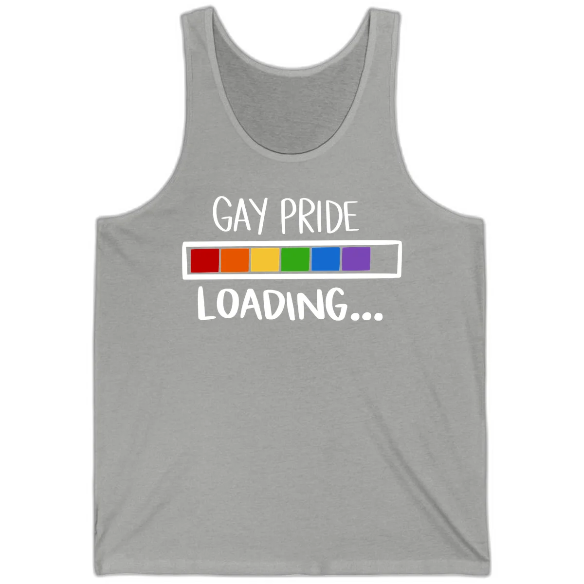 Pride loading bar design with text 'GAY PRIDE LOADING' and six-color rainbow progress indicator in Athletic Heather