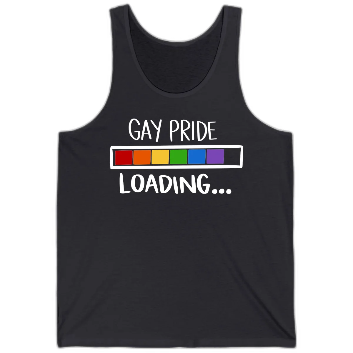 Pride loading bar design with text 'GAY PRIDE LOADING' and six-color rainbow progress indicator in Dark Grey