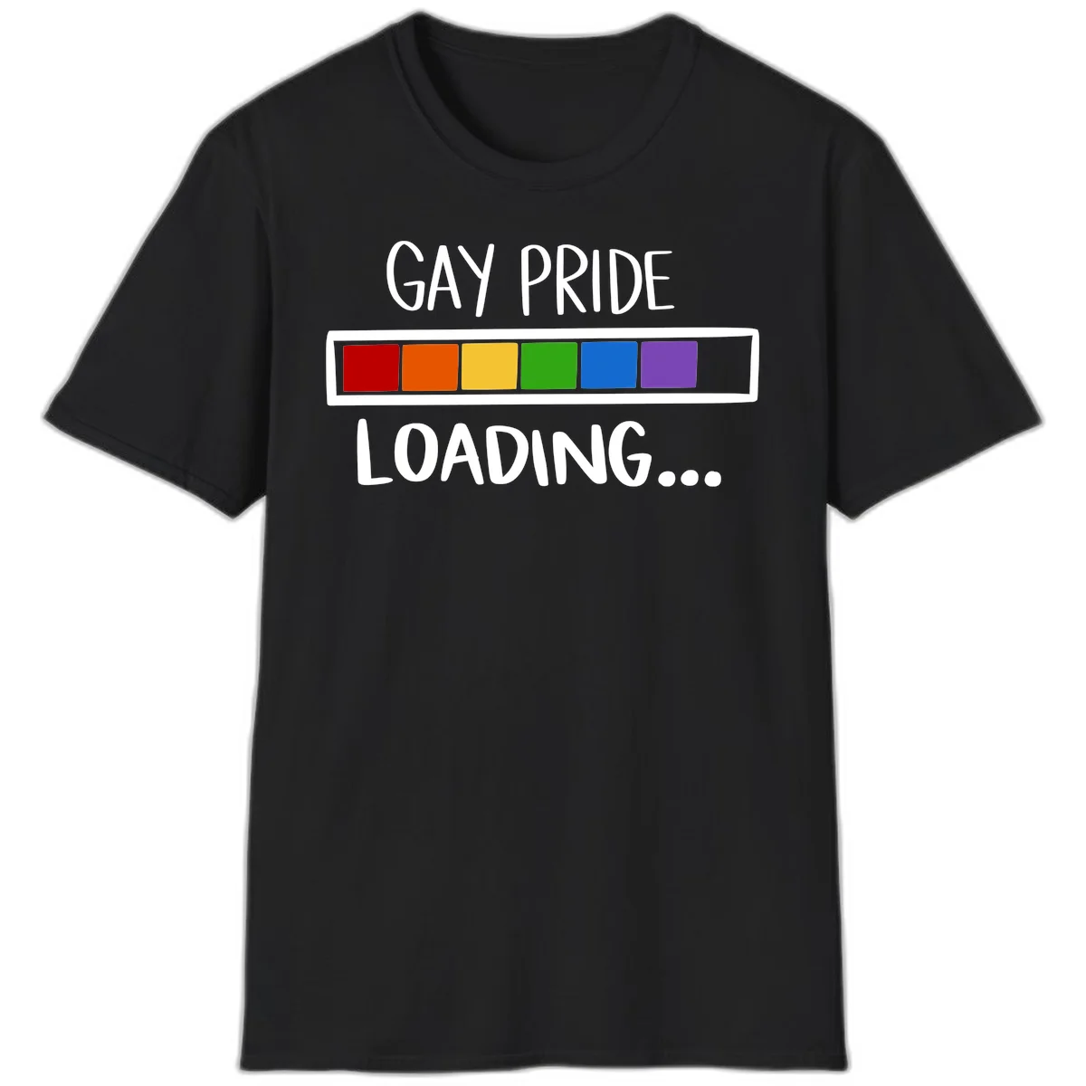 Pride loading bar design with text 'GAY PRIDE LOADING' and six-color rainbow progress indicator in Black