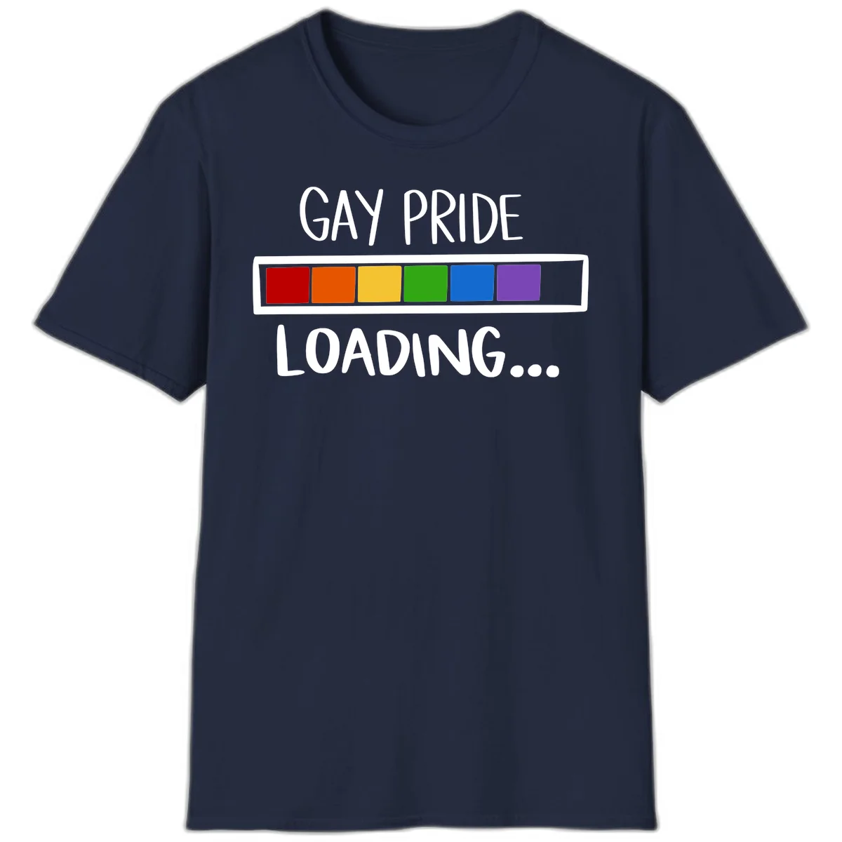 Pride loading bar design with text 'GAY PRIDE LOADING' and six-color rainbow progress indicator in Navy