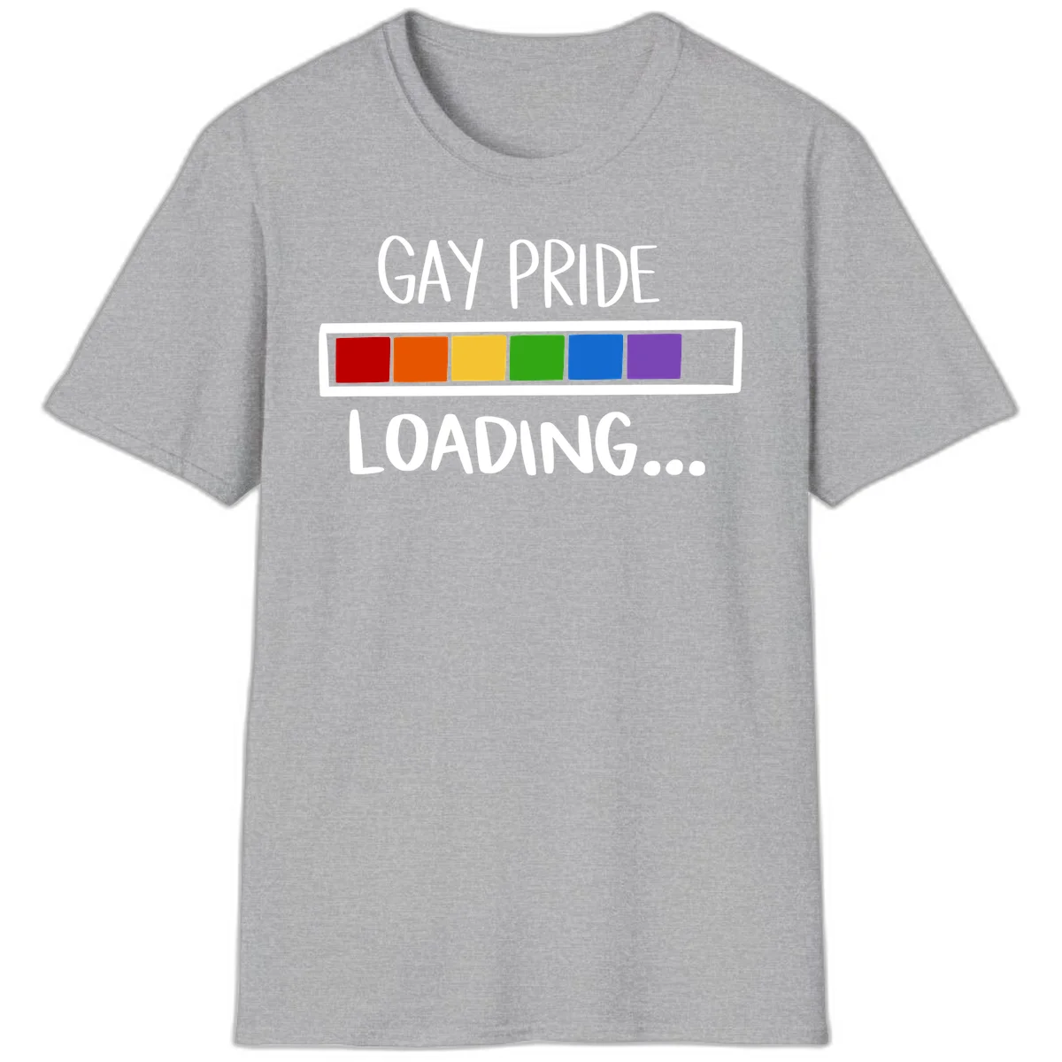 Pride loading bar design with text 'GAY PRIDE LOADING' and six-color rainbow progress indicator in Sport Grey
