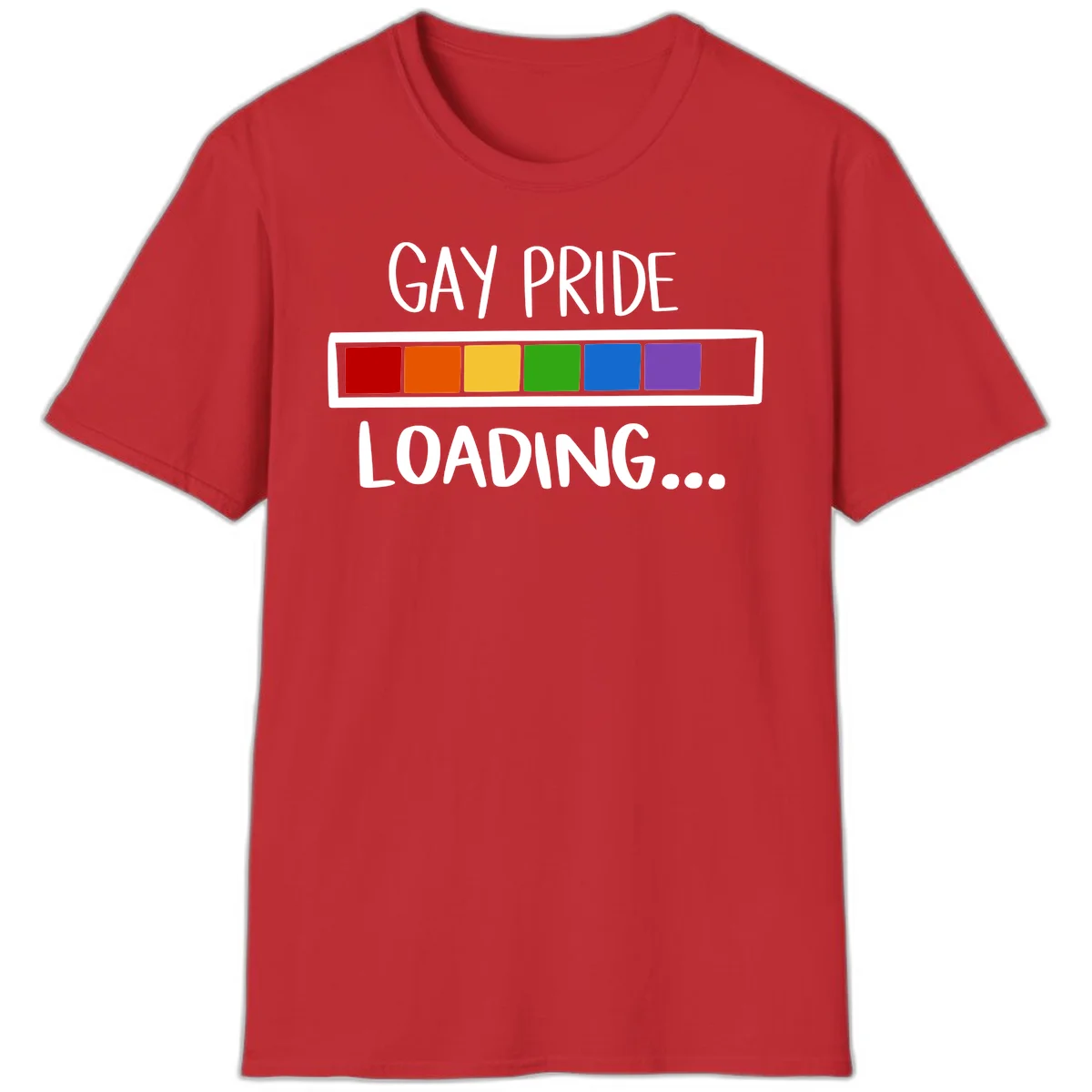 Pride loading bar design with text 'GAY PRIDE LOADING' and six-color rainbow progress indicator in Red