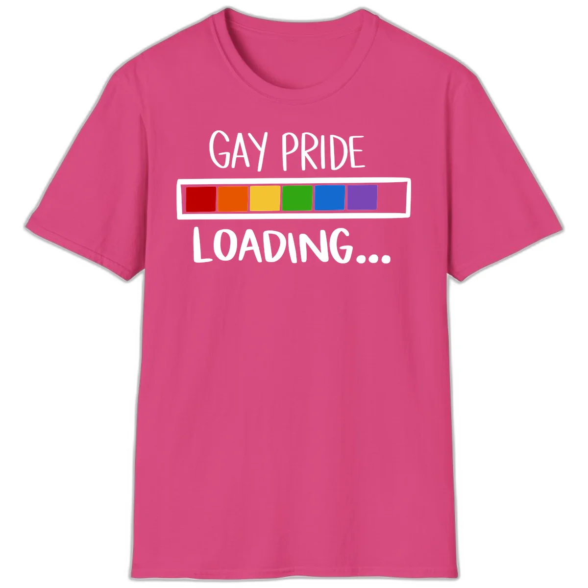 Pride loading bar design with text 'GAY PRIDE LOADING' and six-color rainbow progress indicator in Heliconia