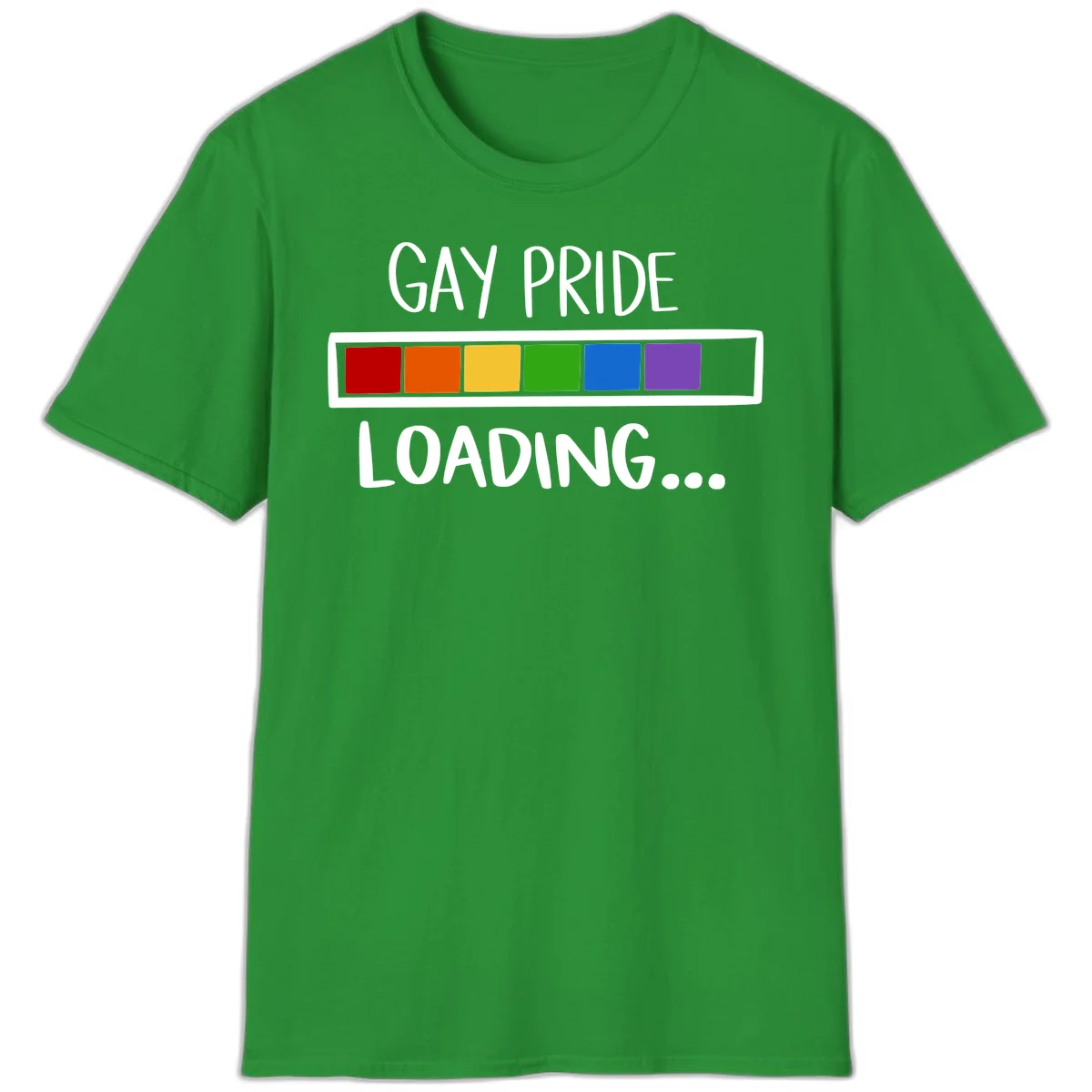 Pride loading bar design with text 'GAY PRIDE LOADING' and six-color rainbow progress indicator in Irish Green