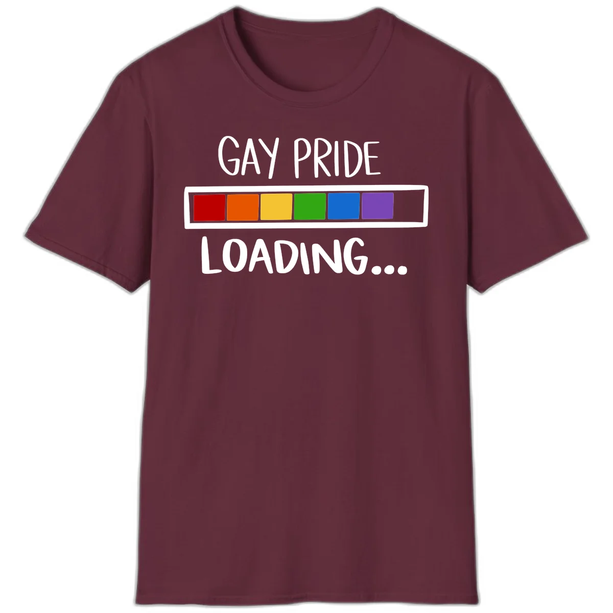 Pride loading bar design with text 'GAY PRIDE LOADING' and six-color rainbow progress indicator in Maroon