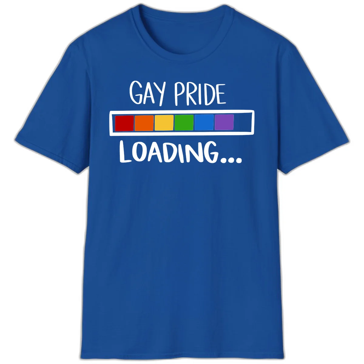 Pride loading bar design with text 'GAY PRIDE LOADING' and six-color rainbow progress indicator in Royal