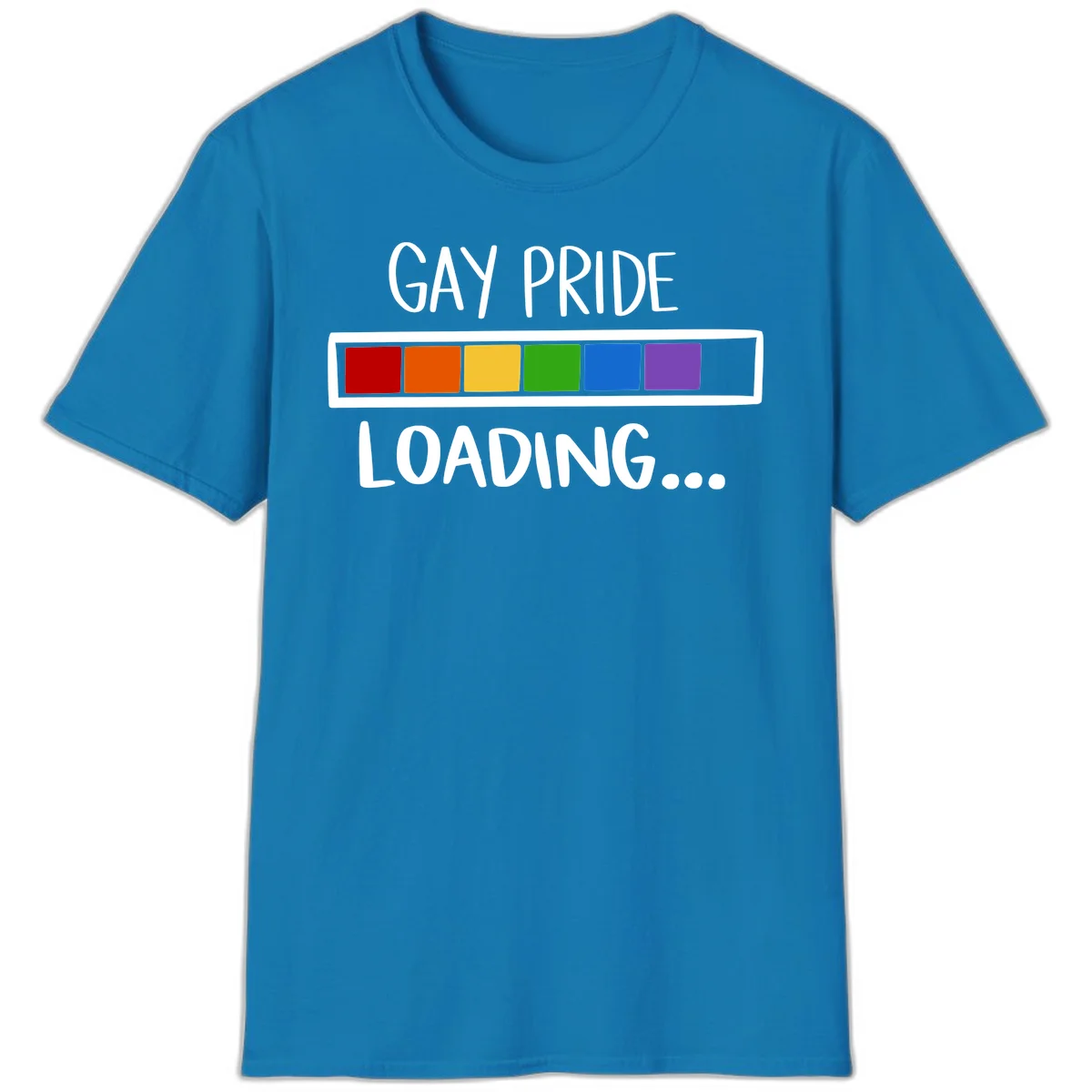 Pride loading bar design with text 'GAY PRIDE LOADING' and six-color rainbow progress indicator in Sapphire
