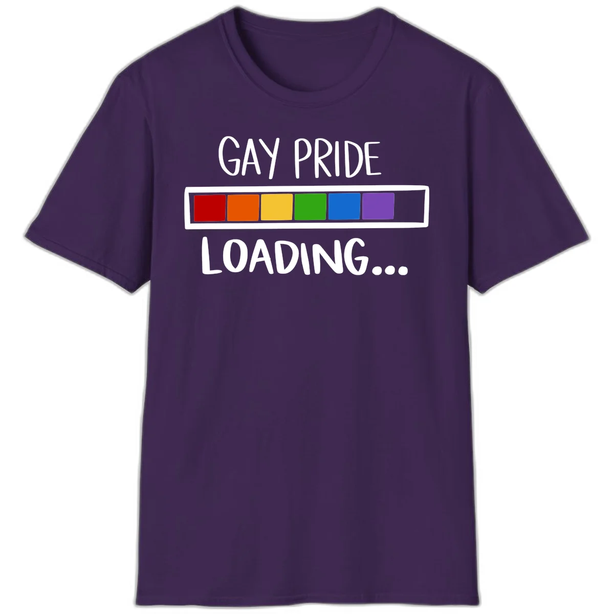 Pride loading bar design with text 'GAY PRIDE LOADING' and six-color rainbow progress indicator in Purple