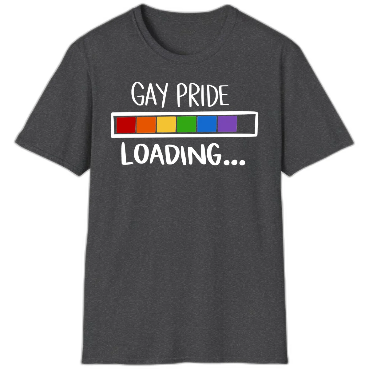 Pride loading bar design with text 'GAY PRIDE LOADING' and six-color rainbow progress indicator in Dark Heather