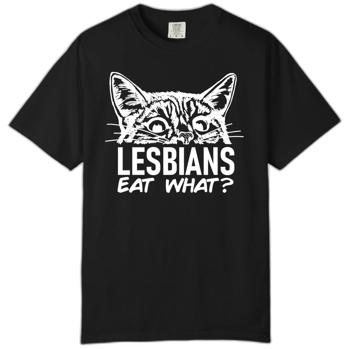 Lesbians eat what cat design: Detailed line-art cat face with expressive eyes and whiskers above bold text reading 'LESBIANS EAT WHAT?' in Black