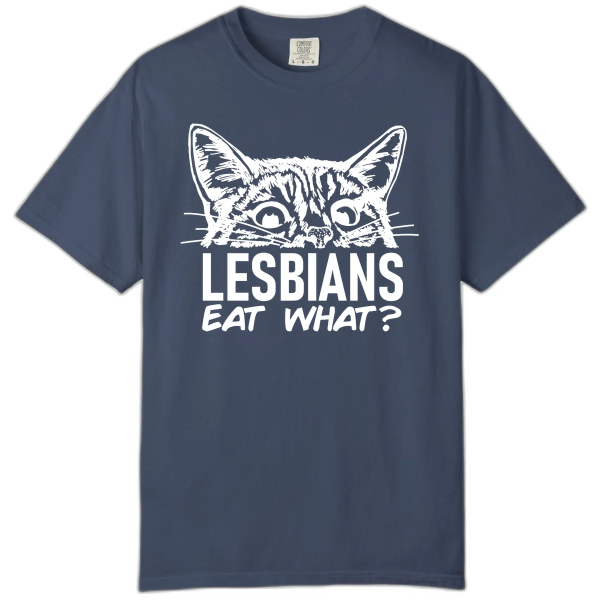Lesbians eat what cat design: Detailed line-art cat face with expressive eyes and whiskers above bold text reading 'LESBIANS EAT WHAT?' in Midnight