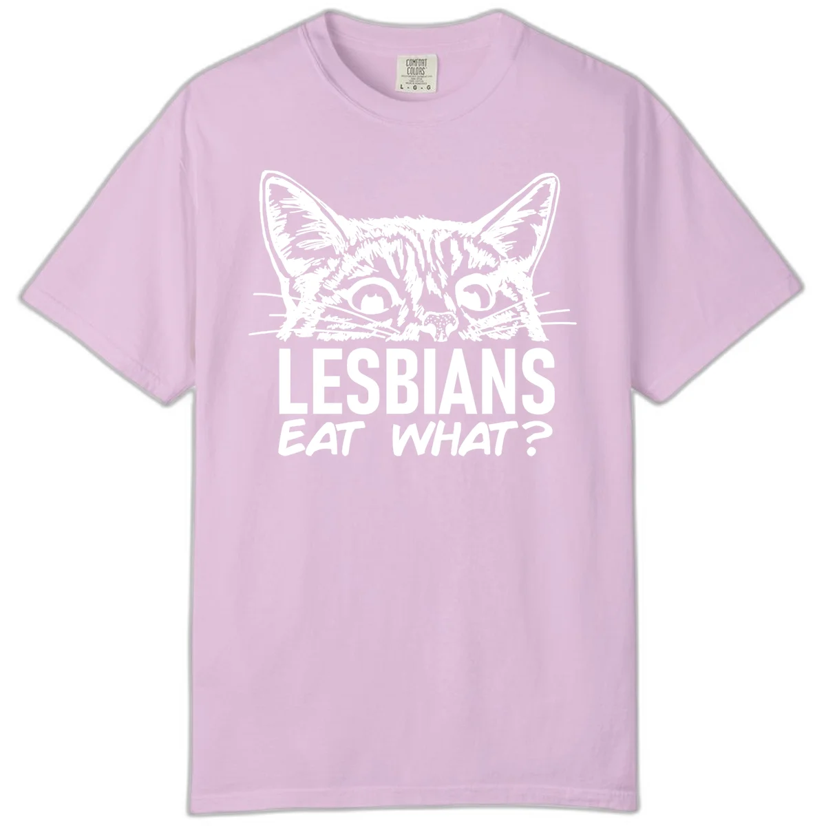 Lesbians eat what cat design: Detailed line-art cat face with expressive eyes and whiskers above bold text reading 'LESBIANS EAT WHAT?' in Orchid