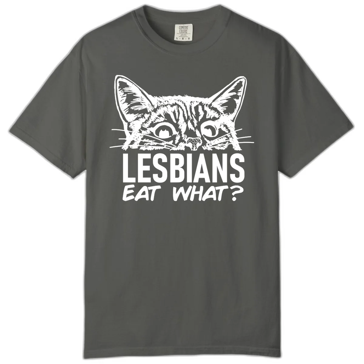 Lesbians eat what cat design: Detailed line-art cat face with expressive eyes and whiskers above bold text reading 'LESBIANS EAT WHAT?' in Pepper
