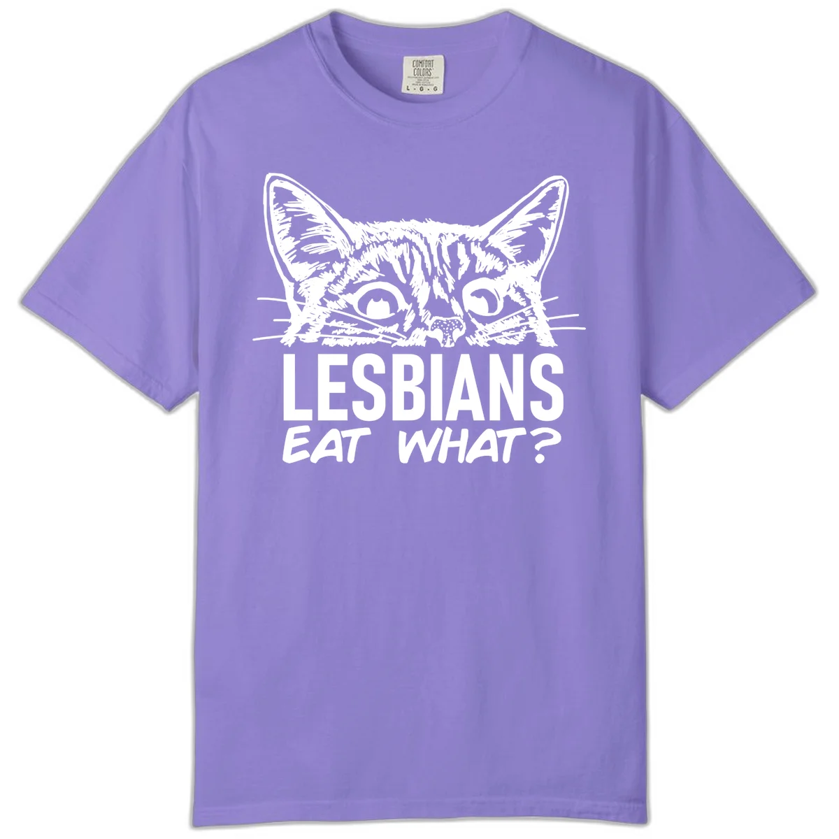 Lesbians eat what cat design: Detailed line-art cat face with expressive eyes and whiskers above bold text reading 'LESBIANS EAT WHAT?' in Violet