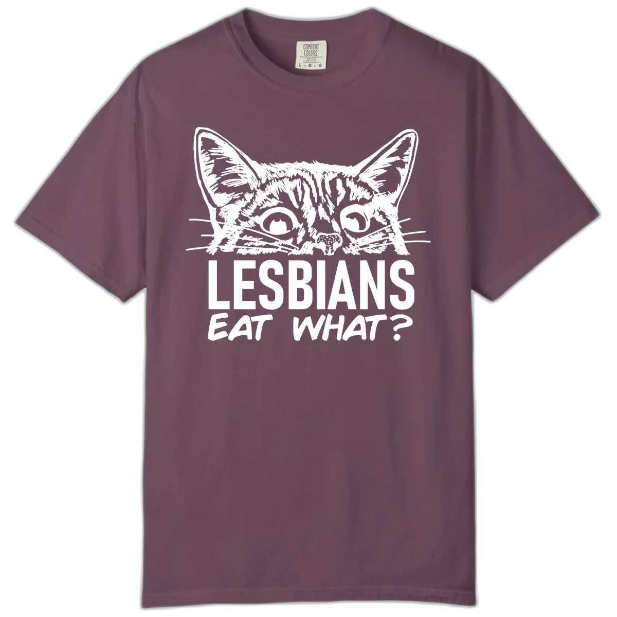 Lesbians eat what cat design: Detailed line-art cat face with expressive eyes and whiskers above bold text reading 'LESBIANS EAT WHAT?' in Berry